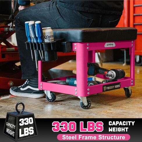Rolling Mechanic Shop Stool with Wheels, Garage Mechanics Stool with 2 Layer Repair Tools Tray, Padded 360°Swivel Automotive Roller Creeper Seat Shop Chair, Heavy Duty, 330 LBS Capacity, Pink in Saudi Arabia