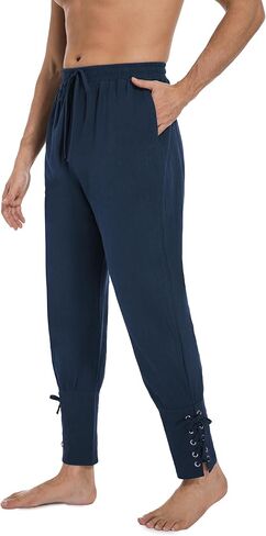 AIFARLD Mens Medieval Ankle Banded Pants Vintage Pirate Viking Cotton Lace Up Tapered Renaissance Costume Trousers in Kuwait