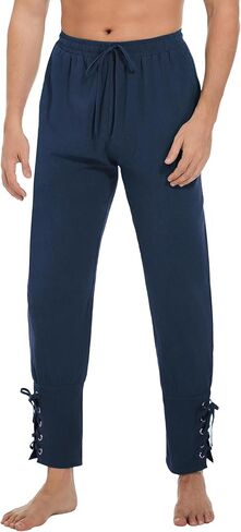 AIFARLD Mens Medieval Ankle Banded Pants Vintage Pirate Viking Cotton Lace Up Tapered Renaissance Costume Trousers in Kuwait
