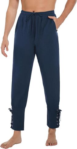 AIFARLD Mens Medieval Ankle Banded Pants Vintage Pirate Viking Cotton Lace Up Tapered Renaissance Costume Trousers in Kuwait