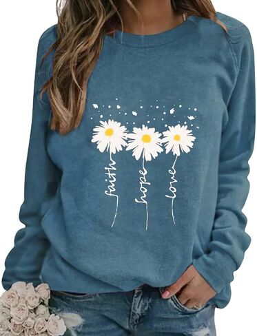 EADINVE Women Crewneck Daisy Print Long Sleeve Sweatshirts Faith-Hope-Love Graphic Tops Casual Loose Fit Pullover Shirts in Saudi Arabia