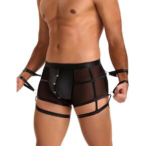 ohyeah Mens Sexy Underwear Mesh Boxer Briefs for Men Open Front Bulge Pouch with Handcuff Body Harness Straps Lingerie S-XL