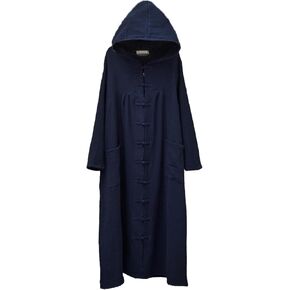 LUZU JUNU Women's Trench Coat Cotton Linen Hoodie Jacket Long Sleeve Chinese Frog Button Outwear with Pocket