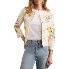 Women's Embroidered Floral Tweed Jacket Cropped Collarless Lightweight Open Front Elegant Jackets