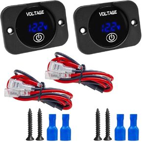Car Battery Voltage Meter Monitor - 12V 24V LED Digital Display Battery Voltage Gauge with Touch Switch, Waterproof Round Voltmeter Gauge Panel with Blue Light for Car Boat Marine Motorcycle (2 Sets)