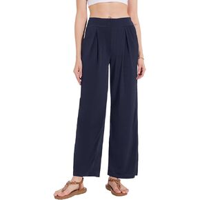 BATHRINS Women's Drawstring High Waisted Straight Long Trousers Pants with Pockets