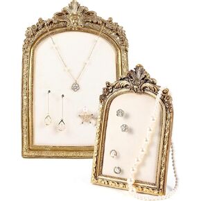 2 Pcs Vintage Jewelry Display Tray Baroque Jewelry Photography Props Frame Organizer Stand with Velvet Backing Necklace Earring Holder for Women Gift(White,Large,Small)