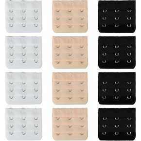12 PCS Bra Extenders 3 Hooks, Bra Strap Extender, Soft and Comfortable Adjustable Design Extra Large 3-Row Extension Strap (Black, White, Skin Color)