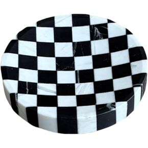 Marble Stone Checkerboard D4.7'' Round Small Splicing Mosaic Tray Jewelry Dish (Green Jade Onyx x Travertine)