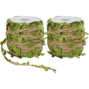 Tenn Well Burlap Leaf Ribbon, 66 Feet 5mm Natural Jute Twine Ribbon with Artificial Leaves for Crafts, Wedding, Jungle Safari Party, Baby Shower Decor, Home Decor
