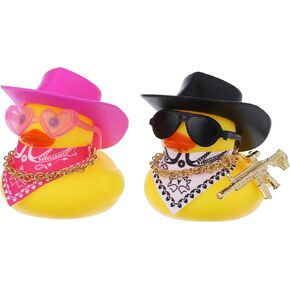 2Pcs Rubber Duck Car Ornaments, Dashboard Decoration Yellow Duck, Funny Rubber Ducks Car Accessories with Cowboy Hat Necklace Sunglasses Cool Prop for Car Dashboard Decorations