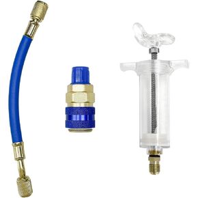 Oil and Dye Injectors Kit, 30ml/1 Oz Hand Push Oil Injector with Snap Quick Coupler 1/4" SAE Connector, Screw-in Manual AC Dye Injector Refrigerant Tools for Car HVAC System