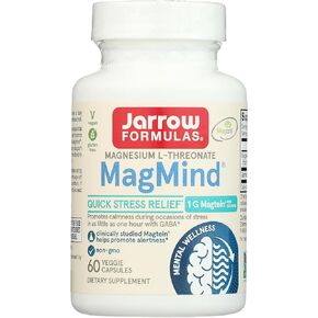 Jarrow Formulas Magnesium L-Threonate, MagMind Quick Stress Relief, Dietary Supplement Featuring GABA, 60 Capsules, Up to a 30 Day Supply