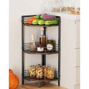 3 Tier Corner Shelf Stand for Kitchen, 31" Tall Rustic Corner Storage Organizer with Metal Frame, Freestanding Corner Bookshelf Display Rack for Small Space, Living Room, Bedroom, Home, Office