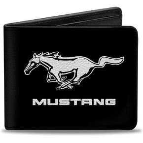 Buckle-Down Men's PU Bifold Wallet-Mustang Logo/Text Black/White, Multicolor, 4.0" x 3.5"