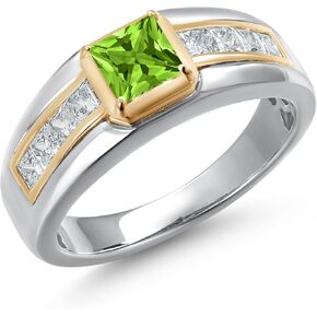 Gem Stone King 925 Silver and 10K Yellow Gold 5MM Princess Cut Gemstone Birthstone and 2.4MM Round Lab Grown Diamond Statement Ring For Men | Available in Size 7-13
