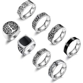 EIELO 8Pcs Stainless Steel Vintage Rings for Men Greek Signet Thumb Silver Retro Carving Celtic Band Rings Vintage Biker Band Rings Set Edge Mens Rings Jewelry