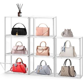 4Pack Purse Organizer for Closet Clear Acrylic Display Case for Handbag Organizer, Purse Storage Box with Magnetic Door, Dustproof Storage Bins for Book, Collectibles, Cosmetic