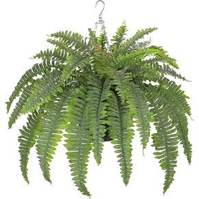 Hollyone 33" Artificial Boston Fern Hanging Basket Large 39 Leaves Fake Ferns in Rattan Pot Greenery Plants for Outdoors & Indoor Faux Fern Bush Basket Plant Patio Garden Home Decor Dusty Green