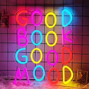 Good Book Good Mood Neon Signs for Wall Decor – USB Powered & Dimmable LED Books Neon Light for Classroom, Library, Reading Corner, Kids Room, Perfect Home Library Decor