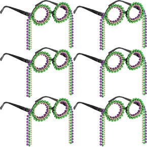 Wehhbtye 6pcs Mardi Gras Bead Geoses ، Gold Purple Green Masquerade Eyeglasses مع حبات المهرجانات العصرية المتدلية للملحقات الزخرفية الدعائم الزخرفية