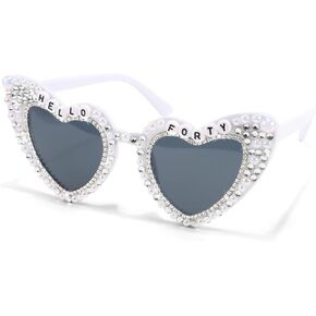 HELLO FORTY Sunglasses - Heart-Shaped Birthday Glasses with Rhinestones & White Pearls - 40th Birthday Decorations for Women | Fabulous 40th Birthday Gifts