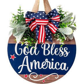Memorial Day Decorations 4th of July Patriotic Wooden Welcome Wreath for Front Door, Memorial Day & Independence Day Decorations - Round Outdoor Door Hanger for Porch, Wall, Window (Color-Bless)