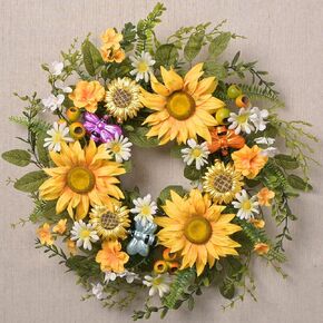 DecorbyHannah Summer Sunflower Wreaths for Front Door Outside All Season, 22 Inch Artificial Flower Spring Door Wreaths with Daisy and Bee, Sunflower Decor for Home Porch, Wedding Housewarming Gifts