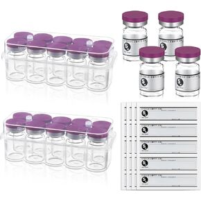 20 Sealed Sterile Empty Vials with Self Healing Injection Port Glass Penicillin Bottle with 20 Label Stickers (Purple,5ml)