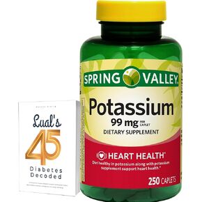 Spring Valley Potassium Heart Health Dietary Supplement Caplets, 99 mg, 250 Count, Potassium Gluconate Bundle with Lual's 45 Diabetes Decoded
