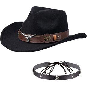 Black Cowboy Hat, Classic Wide Brim Western Cowboy Hat for Women Men Teens