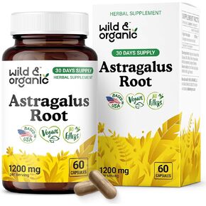 كبسولات جذر Astragalus البرية والعضوية 1200 ملغ - دعم المناعة - ملحق مسحوق Astragalus - 30 يومًا من الإمداد - نباتي ، لا الحشو ، غير المعدلة وراثيًا - 60