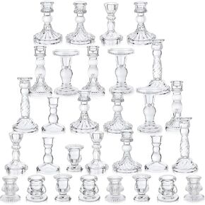 Mumufy 10 Pcs Glass Crystal Taper Candle Holders Clear Glass Candlestick Holder Fit 0.8 Inch Candles Crystal Decorative Candle Stand Centerpiece Table Wedding Dining Party (Classic,Clear)