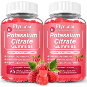 2 Pack Potassium Citrate Gummies for Adults Men & Women, Potassium Supplement for Support Leg Cramps, Muscle Health & Electrolyte Balance, Vegan, Raspberry Flavor, 120 Count