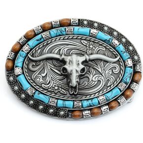 CRAFTMEMORE Western Longhorn Belt Buckle, Oval with Turquoise and Beaded Border, fits 1.5 Inch Belt, Antique Silver SP09 (Longhorn Skull Motif)