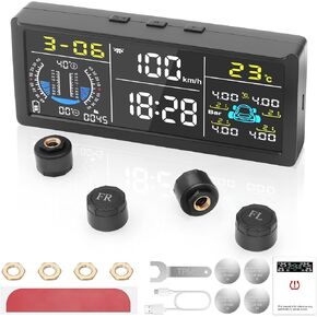 نظام مراقبة ضغط الإطارات المتقدم 8 في 1 مع 4 أجهزة استشعار TPMs خارجية ، في الوقت الفعلي متعدد الوظائف مع مقياس المنحدر ، والارتفاع ، وعداد السرعة ، والسيارة/درجة الحرارة ، والتاريخ ، وشاشة HUD للوقت للمركبات