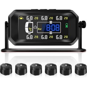 Tire Pressure Monitoring System, Wireless Solar TPMS with 6 External sensors, Real-time Monitoring Pressure &Temperature, Auto Sleep Mode, Tire Pressure Sensors for RV Trailer Truck Pickup(0-144 PSI)