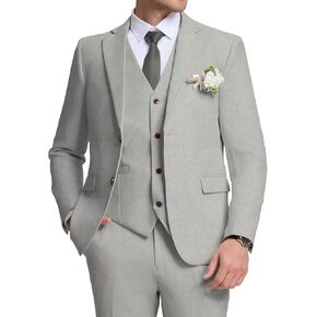 Retro Mens Linen Suit Slim Fit 3 Piece Summer Wedding Suit Casual Beach Linen Suits for Men Prom Jacket Vest Pant Set
