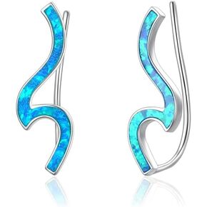 Dreamboat Wave Ear Climber Earrings Sterling Silver Opal/CZ Beach Jewelry for Women