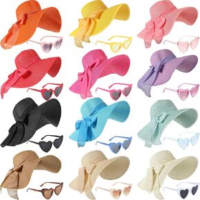 jeyiour 12 pcs قبعات قش عريضة واسعة للنساء للنساء شاطئ الشاطئ قبعة قابلة للطي مع 12 نظارة على شكل قلب الصيف قش قش قش القش أو شاي الصيف لوازم العطلات ، متعددة الألوان ، متعدد الألوان