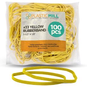 Plastic Mill Rubber Bands Thick Size #33 | Yellow Durable RubberBands 100 Count /pack | 3 1/2 x 1/8" Multi-Purpose Band | Elastics large Long Rubber for Office Supply, File Folders, box, Books, gifts, Notebook|