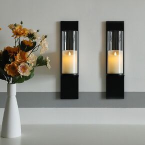 Modern Wall Candle Holder Set of Two Glass Candle Sconces Taper Hurricane Candlestick for Wedding, Living Room, Bedroom Wall Decoration,Black