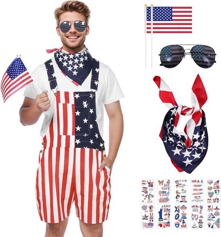 American Flag Overalls Men,Red White and Blue American Flag Shorts,4th of July Overalls for Men Women in Kuwait