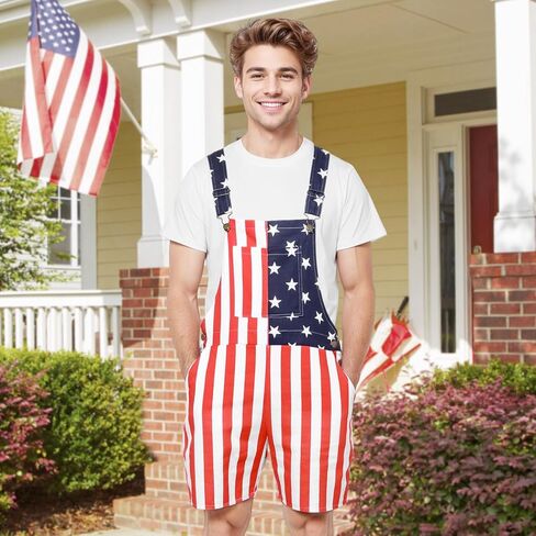 American Flag Overalls Men,Red White and Blue American Flag Shorts,4th of July Overalls for Men Women in Kuwait