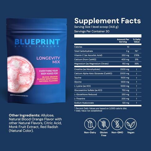 Blueprint Bryan Johnson Longevity Mix - ملحق Builder & Recovery Muscle - يعزز التركيز والمزاج المتوازن - الكرياتين ، L -theanine- Vegan ، Keto Friendly (30 حصص (حزمة 1) ، Orange Blood) in Kuwait