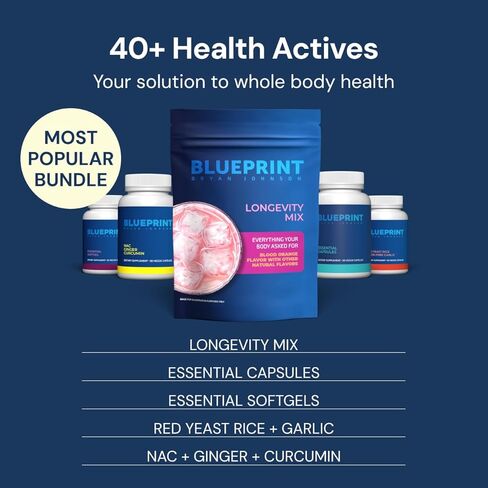 Blueprint Bryan Johnson Longevity Mix - ملحق Builder & Recovery Muscle - يعزز التركيز والمزاج المتوازن - الكرياتين ، L -theanine- Vegan ، Keto Friendly (30 حصص (حزمة 1) ، Orange Blood) in Kuwait