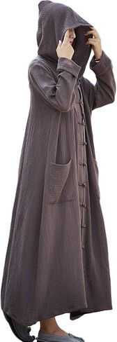 LUZU JUNU Women's Trench Coat Cotton Linen Hoodie Jacket Long Sleeve Chinese Frog Button Outwear with Pocket in Kuwait