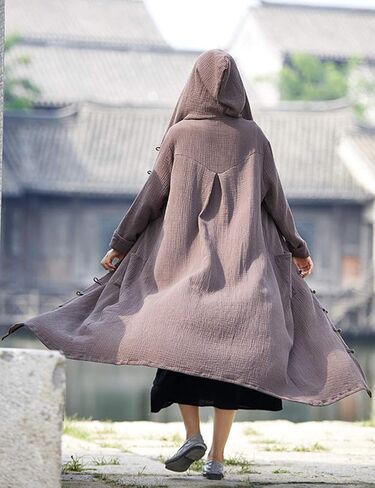 LUZU JUNU Women's Trench Coat Cotton Linen Hoodie Jacket Long Sleeve Chinese Frog Button Outwear with Pocket in Kuwait