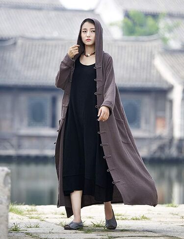 LUZU JUNU Women's Trench Coat Cotton Linen Hoodie Jacket Long Sleeve Chinese Frog Button Outwear with Pocket in Kuwait
