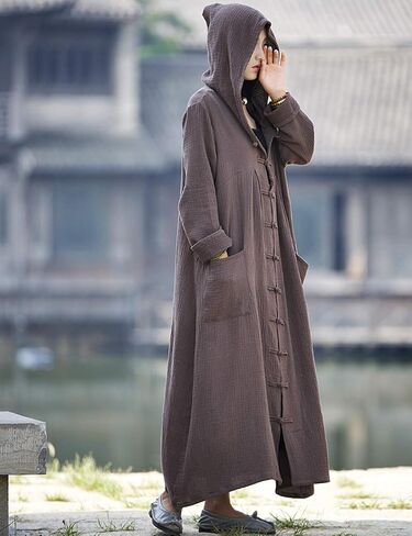 LUZU JUNU Women's Trench Coat Cotton Linen Hoodie Jacket Long Sleeve Chinese Frog Button Outwear with Pocket in Kuwait